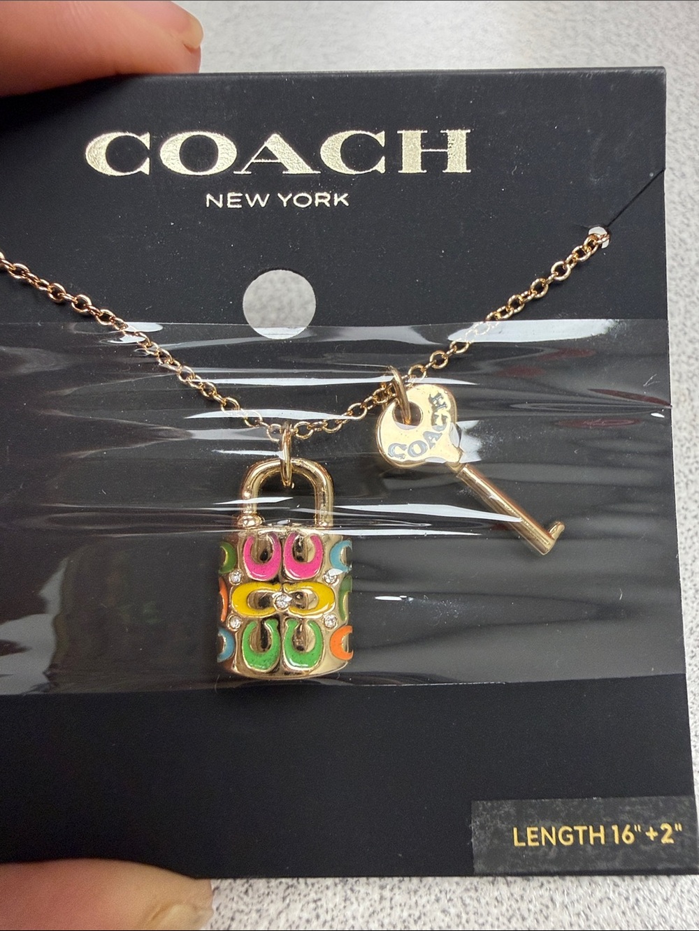 Coach Gold Tone Padlock & Key Pendant Necklace with Multicolor Enamel